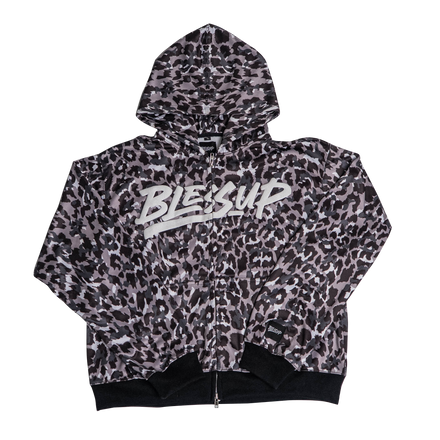 Leopard Print Zip-Up Hoodie – Black
